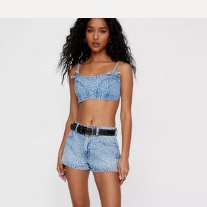 Nastygal Blue Leopard Print Denim Crop Top and Shorts Set